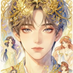 beautiful korean idol with sparkling eyes, closed up portrait, highly detailed, gold filigree, epic, stunningly beautiful, insanely detailed, fantasy, soft cinematic lighting, award, disney concept art, watercolor illustration by makoto shinkai and hayao miyazaki, mandy jurgens and alphonse mucha and alena aenami, pastel color palette, featured on artstation