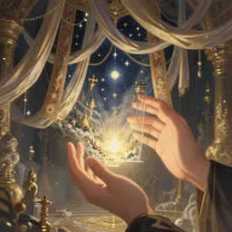 student mage projecting an image out of their hands of another land with stars and hanging silk drapery and tapestries, light dust, magnificent, close up, sharp focus, elegant, highly detailed, illustration, by jordan grimmer greg rutkowski wlop maya takamura, intricate, trending artstation, pixiv, digital art