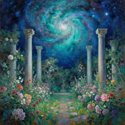 beautiful leonid afremov painting of a celestial garden with flower bushes and towering columns and a colorful teal and cerulean nebula in the night sky. trending on artstation, 8k hq