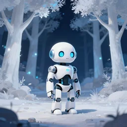 a small glossy white cybernetic robot stands on the ground in a clearing of a forest of softly glowing white trees at night. blue glow in trees. cyril roland naomi okubo. trending on artstation. digital painting.