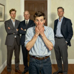 a thin man shocked by circumstance, painted by norman rockwell and tom lovell and frank schoonover