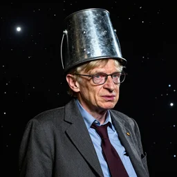 An epic fantastic realism comic space,stephen hawking with a bucket on his head , hyperrealistic, dynamic lighting