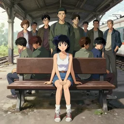 anime teenager wearing a tank top and mini skirt sitting on a bench in an abandoned train station, wlop, ilya kuvshinov, artgerm, krenz cushart, greg rutkowski, hiroaki samura, range murata, james jean, katsuhiro otomo, erik jones, serov, surikov, vasnetsov, repin, kramskoi