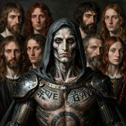 8 k headshot portrait of hyper detailed perfect renaissance painting of godlike reaper covered in dark tattoos on chest neck and face, futuristic robes, muscular, intricate details, award winning, intricate photo realistic faces, art by michaelangelo and rembrandt, post - processed, taste of horror