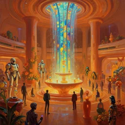 a minimalist bioluminescent oil painting by donato giancola, warm coloured, cinematic scifi luxurious futuristic spaceport crowd awaiting transit to space with microscopy waterfalls stained glass pretty bulbous ceramic fountains, gigantic pillars and flowers, maschinen krieger, beeple, star trek, star wars, ilm, star citizen, mass effect, artstation, atmospheric perspective