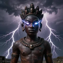 shango, african god of thuder with electric eyes, violent thunderstorm, dim light, front game card, marvel comics, dark, intricate, highly detailed, smooth, artstation, digital illustration by ruan jia and mandy jurgens and artgerm and wayne barlowe and greg rutkowski and zdislaw beksinski