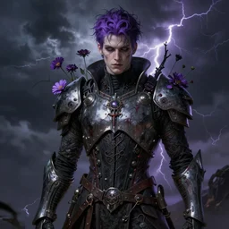 portrait of beautiful gothic and futuristic young man, more thunderstorm, cyber armor, a lot of scars, more and more flowers, purple head, the middle ages, highly detailed, artstation, illustration, art by jean delville, 8 k quality, art by greg gandy and gustav klimt