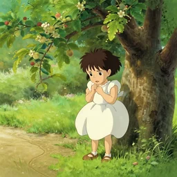 well - lit art nouveau portrait of a 1 3 - year old girl wih resembles natalie portman and emily browning looking distressed under an apple tree, natural lighting, path traced, highly detailed, high quality, cartoon, digital painting, by don bluth and ross tran and studio ghibli