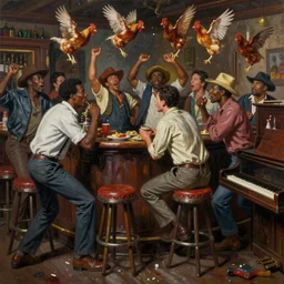 a messy rowdy oil painting of men gatecrashing a bar, barstool and chickens flying through air, smooth, sharp focus, black men, rednecks, deep south, piano, ultrarealistic, intricate, art by dean cornwell and howard finster, paint splatters, artstation, octane render, sharp focus, cinematic, dynamic volumetric lighting by delphin enjolras