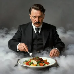 mussolini cooks vegetarian dinner, in clouds, portrait by greg hildebrandt, studio lighting, muted colors, by terry richardson, by frank frazetta, extreme detail, reflections, trending on artstation, 8 k