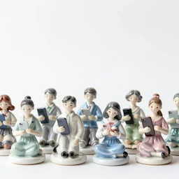 A crowd of detailed, hand painted porcelain figurines with iPhones and notebooks, delicate, detailed, Canon TS-E 17mm f/4, pristine quality wallpaper