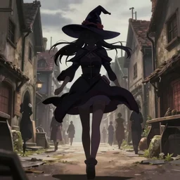 ( majo no tabitabi ), key anime visual portrait of a young female witch walking through a busy medieval village, dynamic pose, dynamic perspective, cinematic, dramatic lighting, detailed silhouette, anime proportions, perfect anime, yoh yoshinari, ( violet evergarden )