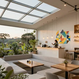 inside luxurious earthship cafe with sunken lounge and indoor garden with skylights, friendly barista, and artist painting a geometric mural on the wall, clean and simple composition, golden ratio, rule of thirds, XF IQ4, 150MP, 50mm, F1.4, ISO 200, 1/160s, dawn