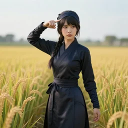 vietnamese girl ninja posing in rice pada by greg rutkowski and min guen, trending on artstation, ultrarealistic, photorealistic, 8 k render, octane render, unreal render