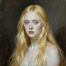 Painting of Elle Fanning as a ghost, long blonde hair, delicate, pale milky white porcelain skin, by Leyendecker and Norman Rockwell