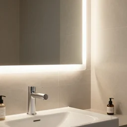bathroom with warm white led strip lighting, photorealistic, product render