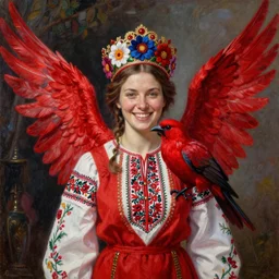 the brown - haired lady with red wings, in red embroidery short ukrainian national costume, filigree crown with textile embroidery flowers, ukrainian heroine with red crow, pre - raphaelite beautiful, playful smile, detailed portrait, intricate complexity, acril painting the style of charlie bowater, tom bagshaw, alexis franklin, elena masci, pawel rebisz, quixel megascan