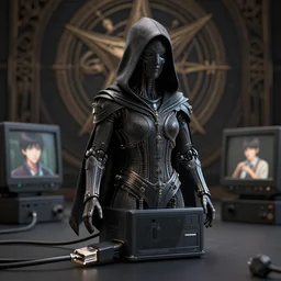 cinema 4 d matrix render, cult, black mass, crt, coded humanoid, hooded robbed dark ceremony, ethernet cable, black mass, extremely detailed, insanely detailed and intricate, high detail, ordo templi orientis background, depth field, unreal engine, deep focus, movie still, dramatic lighting, by michal karcz and yoshitaka amano, 4 k concept art and hyper realism