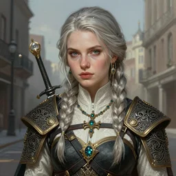 myanna buring as tissaia de vries from the witcher show, urban motifs, intricate, elegant, highly detailed, digital painting, trending on artstation, concept art, smooth sharp focus, illustration, art by artgerm and greg rutkowski