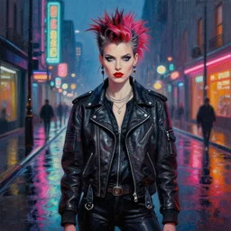 painting of a punk woman in a leather bomber jacket on a rainy street at night, neon lighting, medium shot, symmetrical, elegant intricate digital painting, trending on artstation, by artgerm and greg rutkowski and alphonse mucha