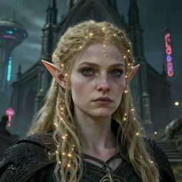 an ultra realistic, cinematic, fantasy, headshot portrait, of an elden ring elf, fairy lights, facial features, stood outside an abandoned church, with futuristic buildings and neon signs, detailed, deep focus, movie still, dramatic lighting, ray tracing, by michal karcz and yoshitaka amano