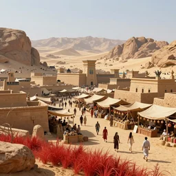 epic fantasy, ancient egypt city, marketplace, crowded bazaar, desrt, red grass, moutains, rocks, blue sky, illustration, concept art, fantasy, by greg rutkowski, Trending on artstation, deviantart