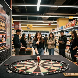 a wild dart tournament inside a supermarket