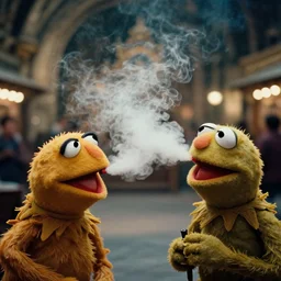 photo of muppets vaping in mos eisley, cinestill 8 0 0 t, 8 5 mm f / 1. 8, bokeh, cinematic