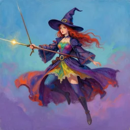 a witch. in the sky. she wear a colorful outfit. painted by tony sandoval.