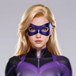 character concept portrait, head-on centralized, super-hero girl,mask, blond, black and violet costume, aura of power. Detailed, high quality, dynamic lightning, fantasy. Artwork by Artgerm, WLOP, Alex Ross, Greg Rutknowski, Alphonse Mucha