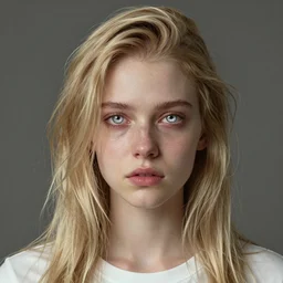 portrait of 1 6 - year - old woman with dirty blonde hair down to her waist, pale eyebrows and protuberant silver eyes, wearing white shirt, hyper realistic face, beautiful eyes, character art, art by mark brooks, hyperdetailed, cryengine, trending on artstation, digital art