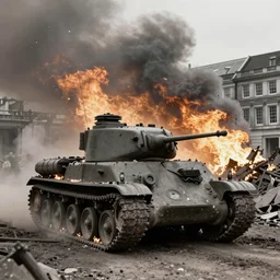 Tank drives through the burning ruins of London, 1945