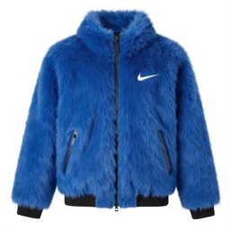 nike jacket made of very fluffy blue faux fur : : with a reflective iridescent nike logo, professional advertising, overhead lighting, heavy detail, realistic by nate vanhook, mark miner
