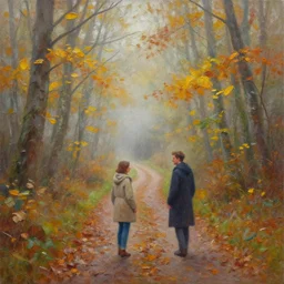 beautiful leonid afremov and alena aenami impasto painting of a foggy forest path on a lovely autumn day. trending on artstation 8k hq