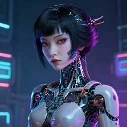 a portrait of a beautiful cyberpunk geisha robot, ghost in the shell geisha robot, by rossdraws, by dylan kowalski, motherboard, circuitry, wires, neon lights, micro detail, octane render, sci - fi, intricate, 8 k, cgsociety