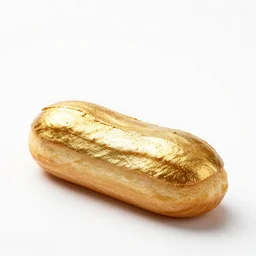 gilded eclair, studio product photography, isolated on a pure white background, centered, entire object in frame, sharp focus, soft studio lighting