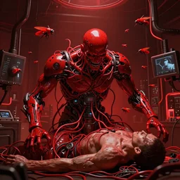 only with red, a creepy red man in symbiosis with technology, red wires attack human, in a red laboratory red flies, dorohedoro vibes, in the style of beksinski, parts by edward hopper, parts by michael sowa, parts by yue minjun, intricate composition, red by caravaggio, highly quality, highly detailed, masterpiece, red light, artstation