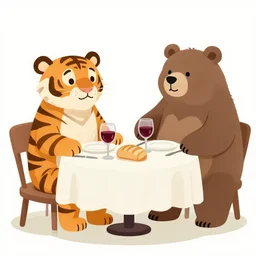 a tiger and bear having dinner together table with wine and bread cartoon