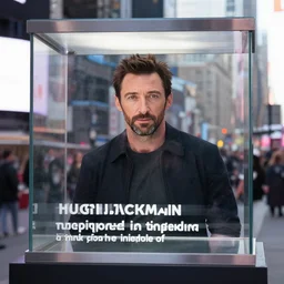 “ hugh jackman trapped inside a glass box in the middle of times square ”