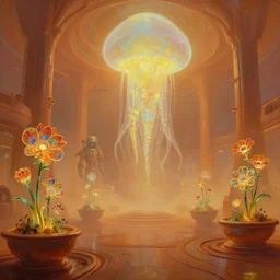 dramatic perspective a minimalist bioluminescent oil painting by donato giancola, chris foss, warm coloured, cinematic scifi luxurious futuristic foggy steam filled spaceport with giant bright translucent cephalopod cyborgs with microscopy stained glass flowers growing out of pretty bulbous ceramic fountains, gigantic pillars and flowers, maschinen krieger, beeple, the matrix, star wars, ilm, star citizen, mass effect, artstation, atmospheric perspective