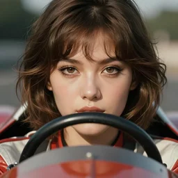 twitch streamer Pokimane as a 1960s race car driver, by Brandon Woelfel, symmetrical face, symmetrical eyes, maximum realism, maximum detail, Cinematic lighting