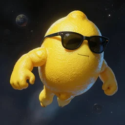 anthropomorphic lemon character, wearing cool sunglasses, badass, muscular, highly textured, flying through space, by Frank Frazetta, trending on artstation, highly detailed