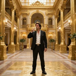 el chapo standing in the middle of a grandiose mexican mansion. everything is made out of gold. el chapo is sipping o wine.