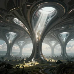 futuristic branching and vaulted structure stretching out across the countryside, beautiful dynamic lighting, cinematic, wide angle establishing shot, extremely high detail, photo realistic, cinematic lighting, post processed, concept art, artstation, matte painting, style by eddie mendoza, raphael lacoste, alex ross, volumetric lighting, light rays, photorealistic, ultrarealistic, moody, coronarender, 8k