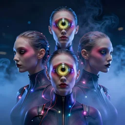 beauty, three eyed humanoid cybersuits, dramatic lighting, night, overlayed, stacked, vivid colors, smoke, glowing wires, superimposed, beautiful lighting