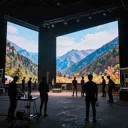 behind the scenes photography of a digital film set using giant led screens. mountain landscape is on the screens and actors and crew are working