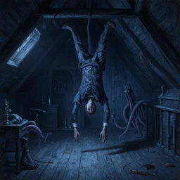gothic mansion attic with hanging body, wooden floor, darkness, evil, creepy, science, 1 9 century, hard atmosphere, lovercraft, insmouth, tentacles, artwork, paint, blue tones, detailed, by bastien lecouffe deharme, by jeremy mann, by alexander fedosav