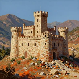 a hyper realistic painting of a melting stone spanish castle made of melting bricks on a hill in the mountains and forest on a scorching hot day