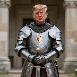 a photo of donald trump dressed as a medieval knight. he's holding a sword with both hands. medium shot portrait. dslr photography