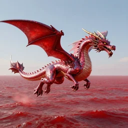 dragon with shiny glittery skin, flying over a red sea, octane render, 8k